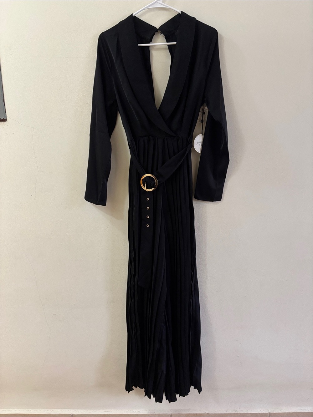 Black Long-Sleeve Wrap Jumpsuit with Gold Buckle Belt
